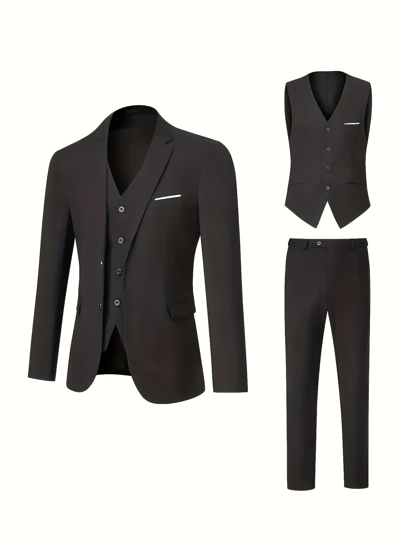 3-Piece Men's Classic Black Suit Set - Long Sleeve Blazer, Vest & Pants with Pockets, Button Details, Non-Stretch Polyester Fabric, Perfect for Weddings, Business Meetings & Formal Events