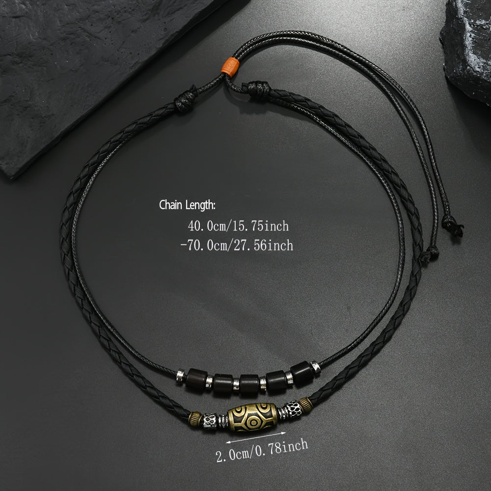 HUANMING Men's Vintage Punk Necklace - Trendy Braided Wax Cord with Antique Pendant, Black Layered Choker Jewelry