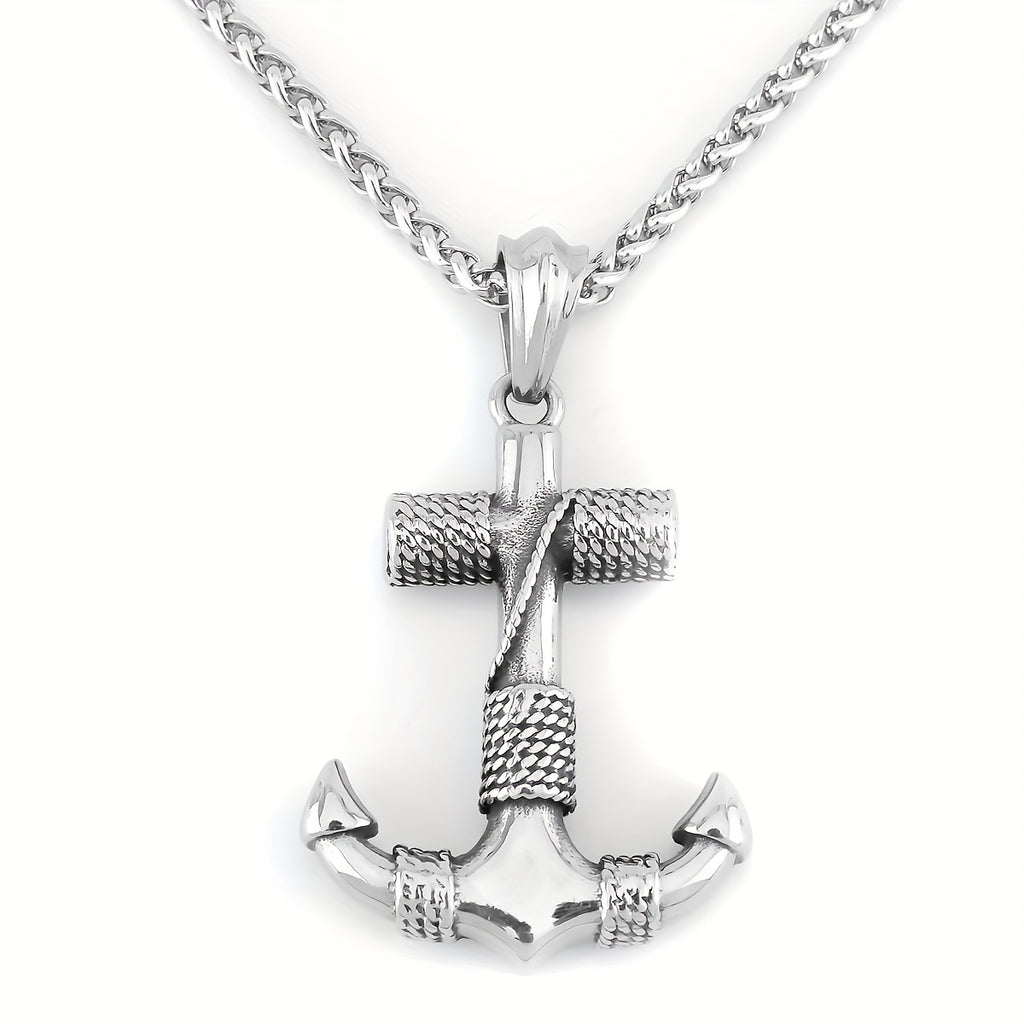 Men's 316L Stainless Steel Anchor Pendant Necklace - Minimalist Nautical Design, Light Gray Tarnish-Resistant Chain, Durable Casual Jewelry for Beach Vacation & Casual Attire, Birthday Gift for Him, Polished Finish