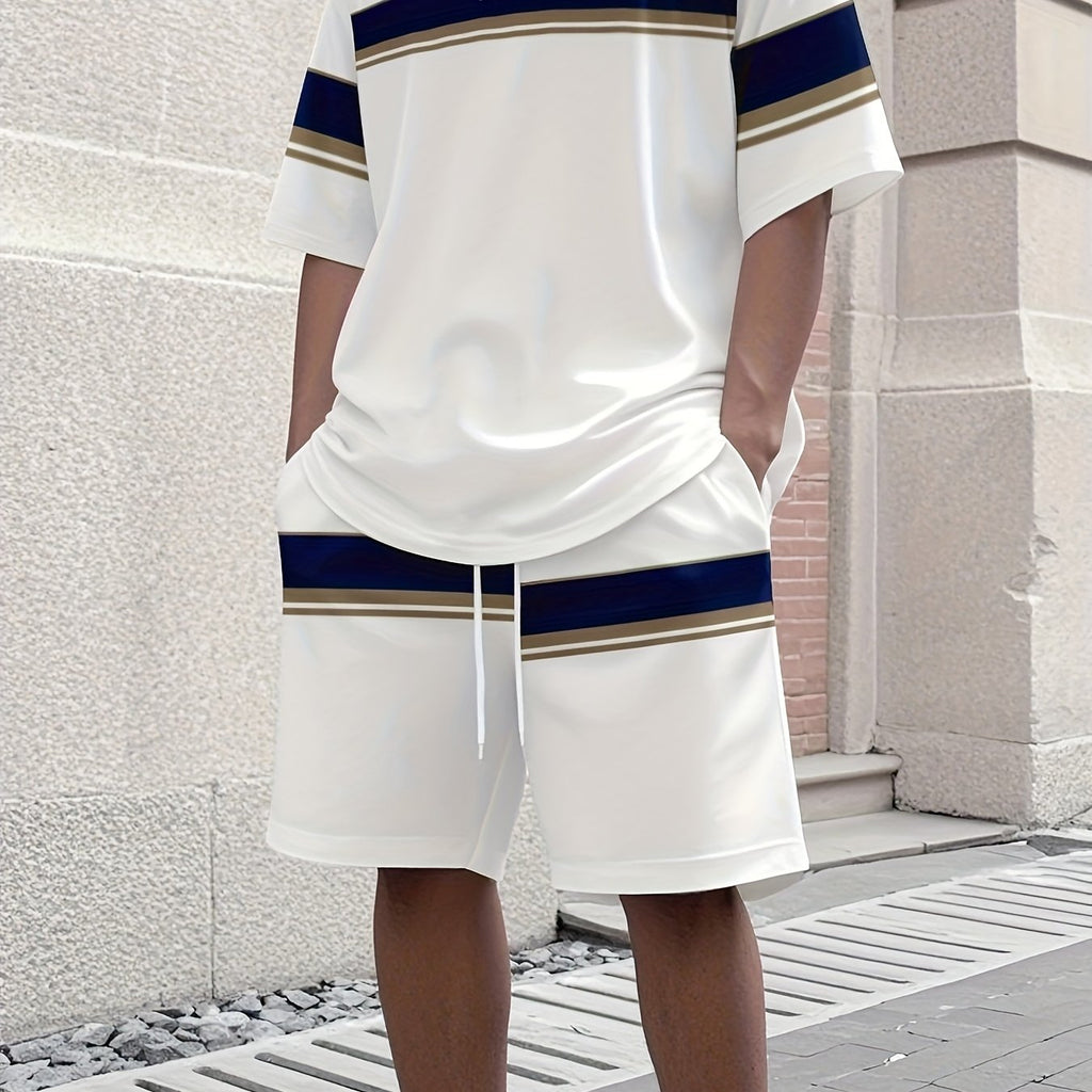 Men'S Athletic T-Shirt & Shorts Set - Navy Blue & White, Drawstring Waist, Sleeveless, Summer Sportswear, Casual Attire|Sporty Look|Comfortable Fi