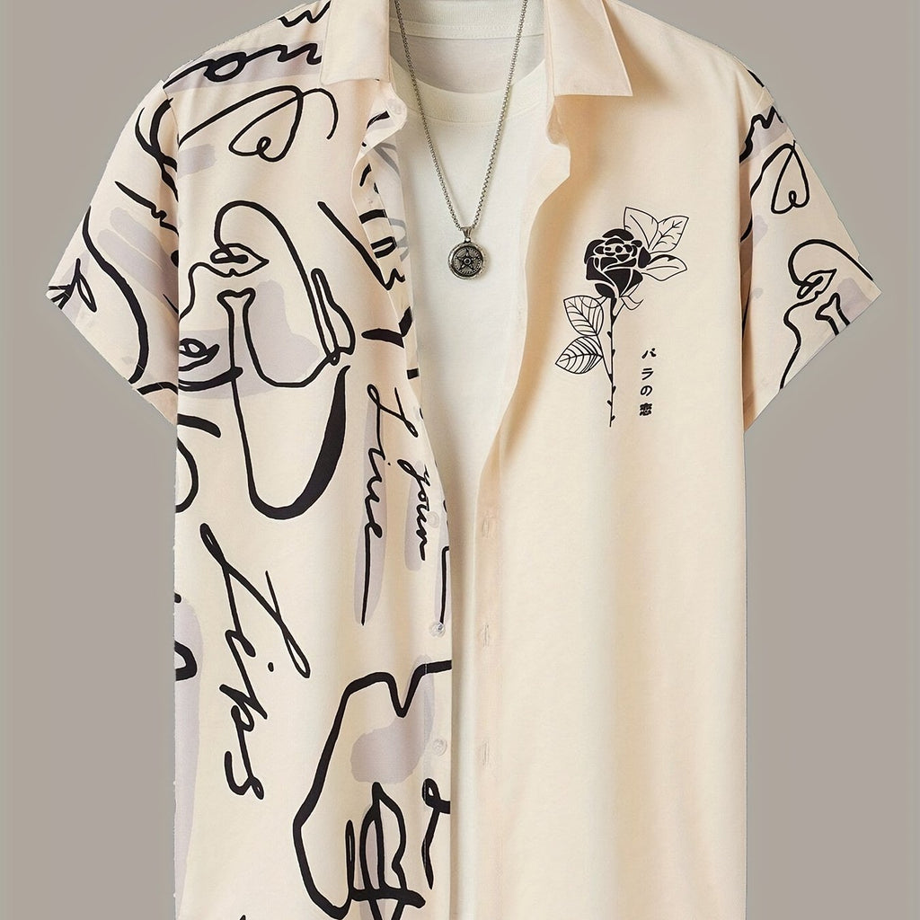 Men's Casual Short Sleeve Button-Up Shirt with Artistic Rose & Calligraphy Print - White with Beige Contrast, Breathable Summer Shirt, Machine Washable Regular Fit for Outdoor & Casual Wear, Nontransparent Fabric