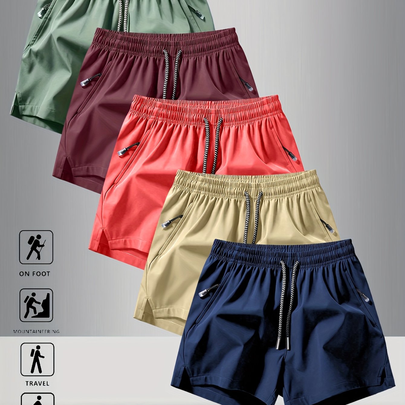 5pcs Men'S Summer Sports Shorts - Breathable, Lightweight, Moisture-Wicking Drawstring Waist, Solid Colors (Green, Red, Purple, Blue, Tan) for Casual, Outdoor, and Athletic Activitie