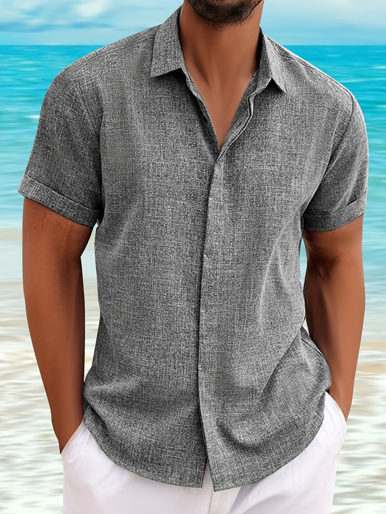 Men's Casual Linen Button- Shirt - Short Sleeve, Black & Gray, Lightweight & Breathable, Perfect for Beach, Summer, Weddings & Outdoor Activities, Outdoor Casual Top | Turndown Collar Shirt | Breathable Material